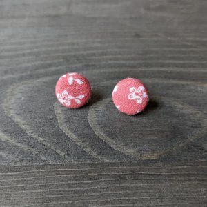 Fabric Cabochon Stud Earrings with Vintage Coral & White Floral Fabric